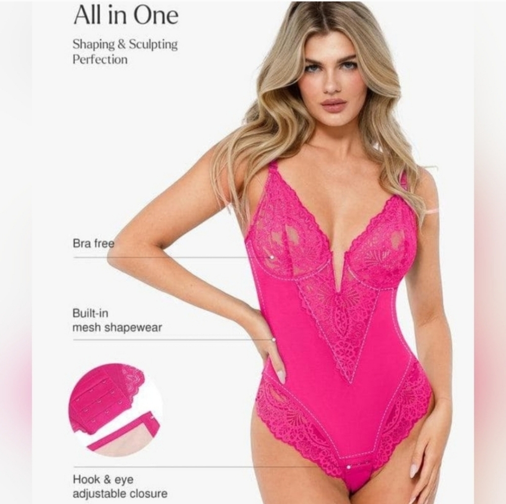 Popilush | Viral TikTok Hot Pink Lace Shapewear Slimming Bodysuit - M - NWOT